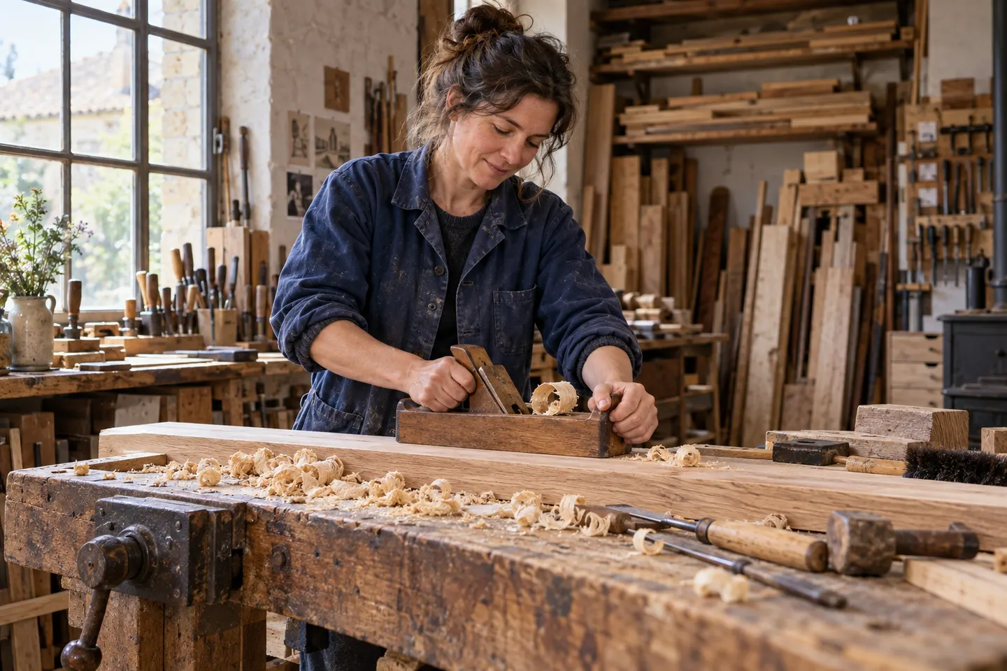 Illustration réaliste d’une artisane travaillant le bois dans son atelier