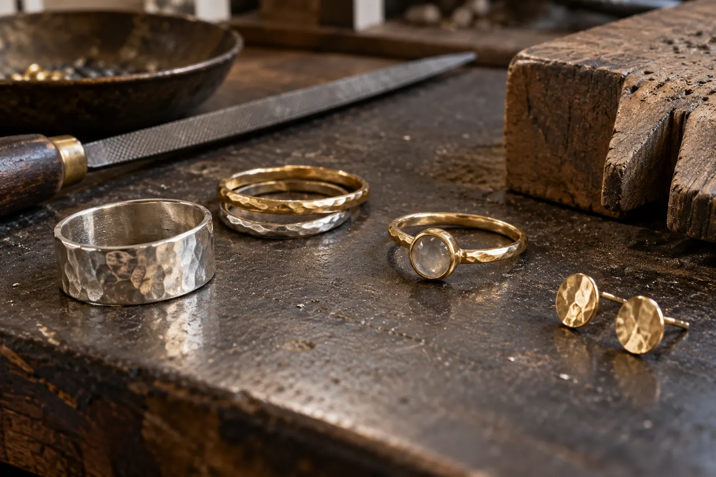 Illustration de bagues et boucles d’oreilles en métal martelé sur un établi de bijoutier